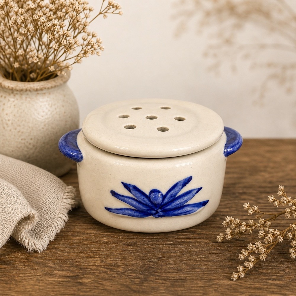 Vintageโ Ceramic Potpourri Jar Blue Floral Lidded Bowl Small Cottagecore Decor